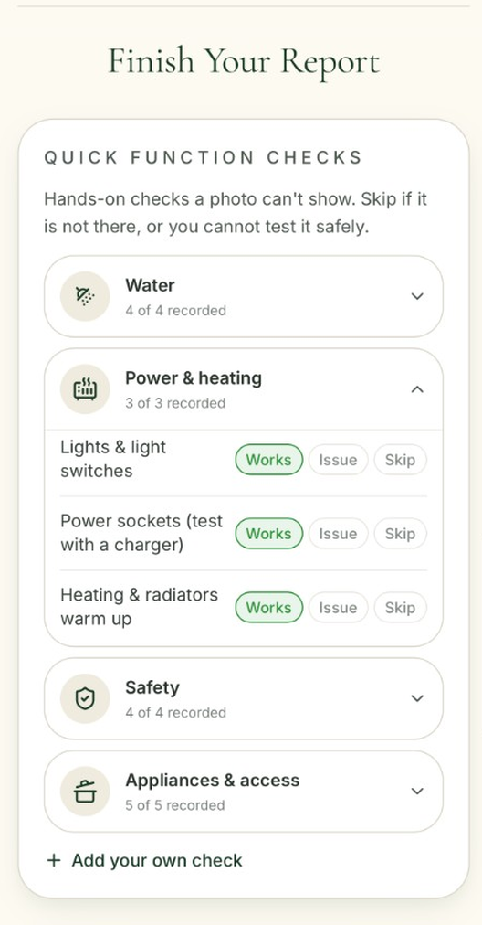 TenantSnap quick function checks grouped into water, power and heating, safety, and appliances