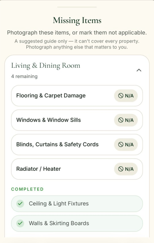 TenantSnap missing-items checklist for a living and dining room, with items still to photograph and items completed