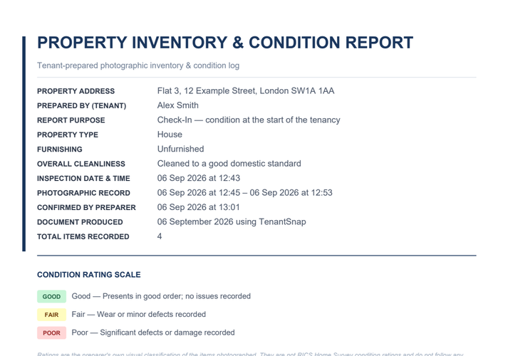 Report cover page with property address, preparer, inspection date and time and the Good / Fair / Poor rating scale
