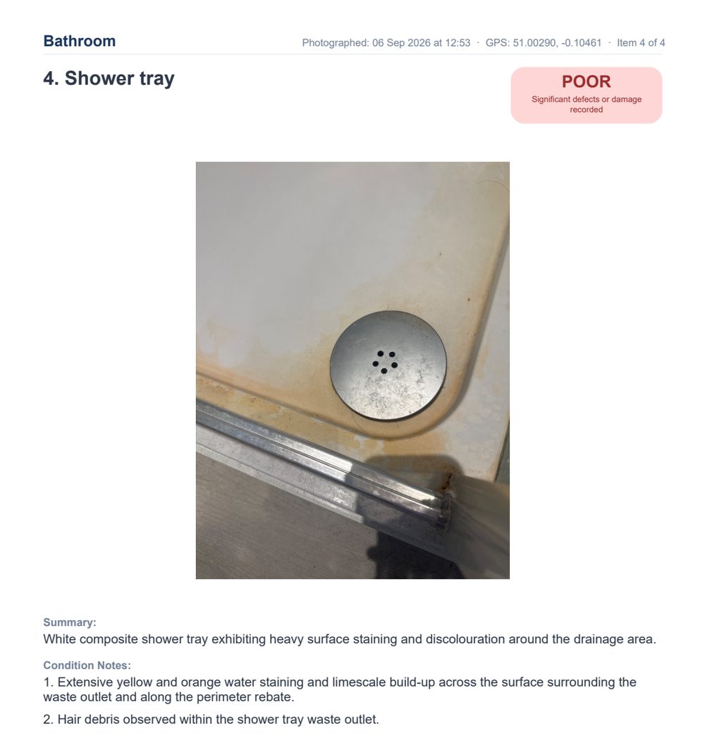 Report page for a bathroom shower tray: photograph, POOR rating, and AI-drafted summary and condition notes describing staining and limescale