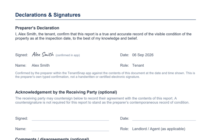Declarations page signed and dated in the app by the preparer, with space for the landlord or agent to countersign